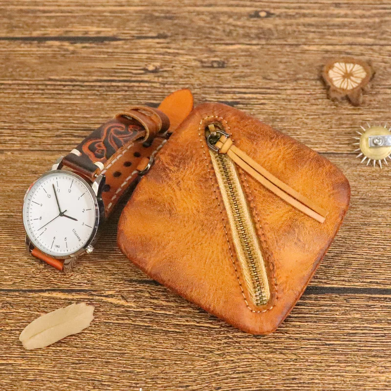 Mini Genuine Leather Coin Purse, Vintage Zipper Key Wallet Simple Coin Storage Bag