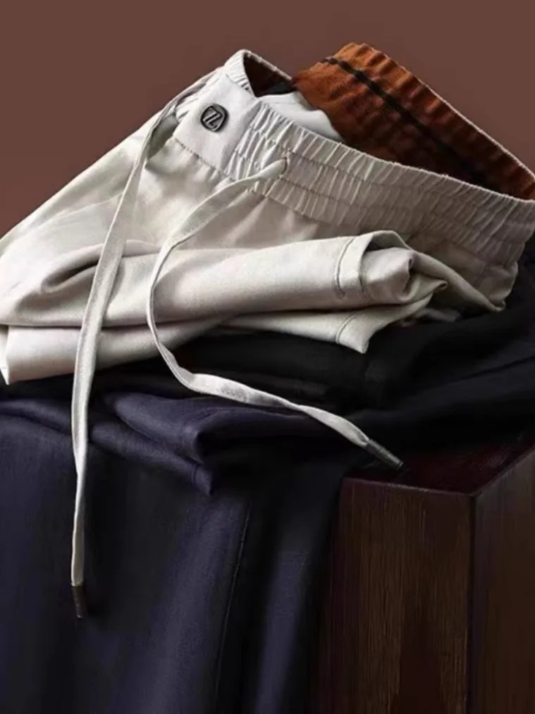 Italian Luxury High Drape Summer Men's Casual Linen  Pants Fashionable City Style Loose Fit Long Pants for Business Com...