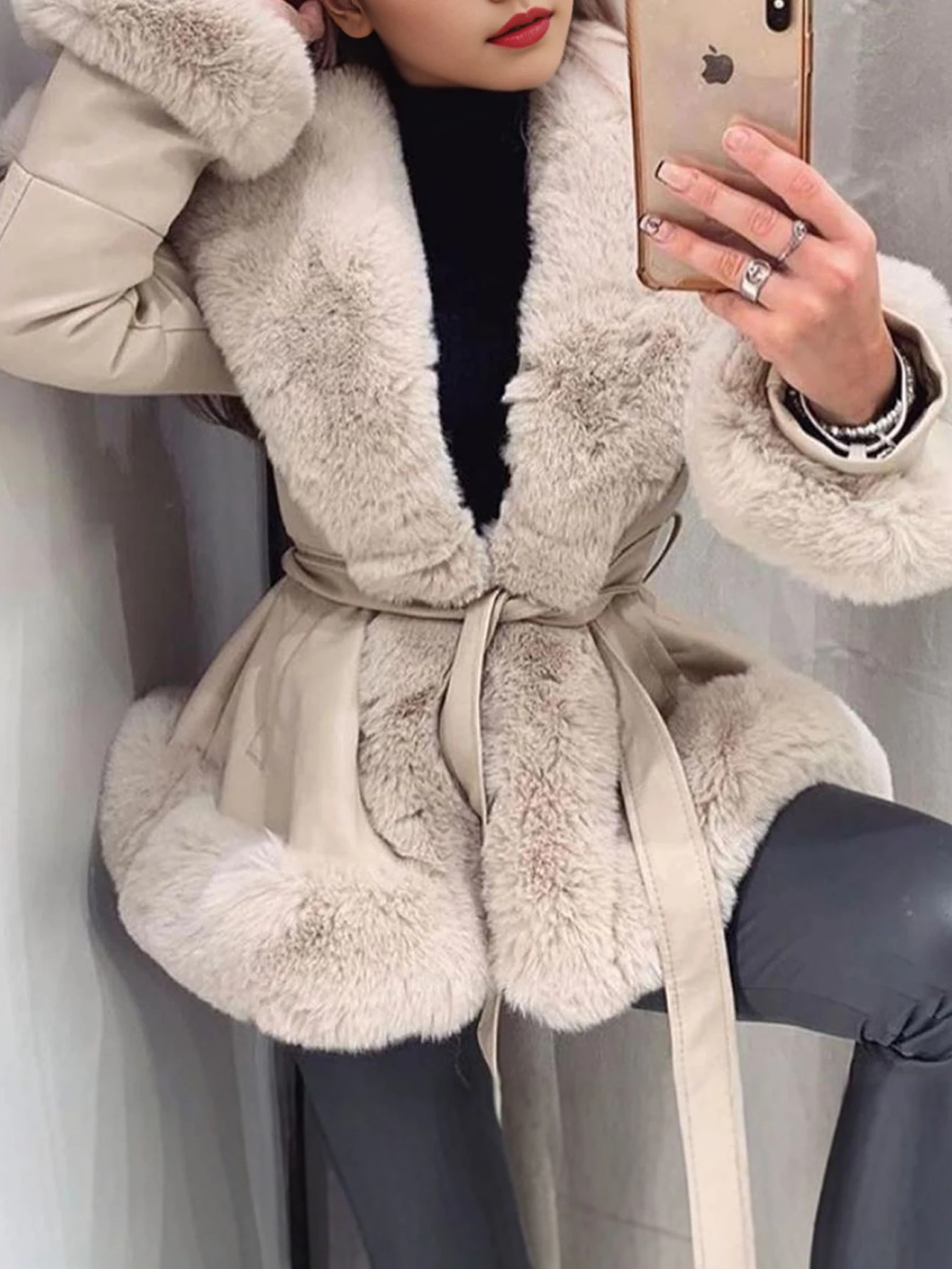 Mia Muse Dames Reversjas Met Lange Mouwen Herfst Winter Mode Effen Stropdas Taille Fleece Gesmoorde Taille Dagelijkse Bovenkleding