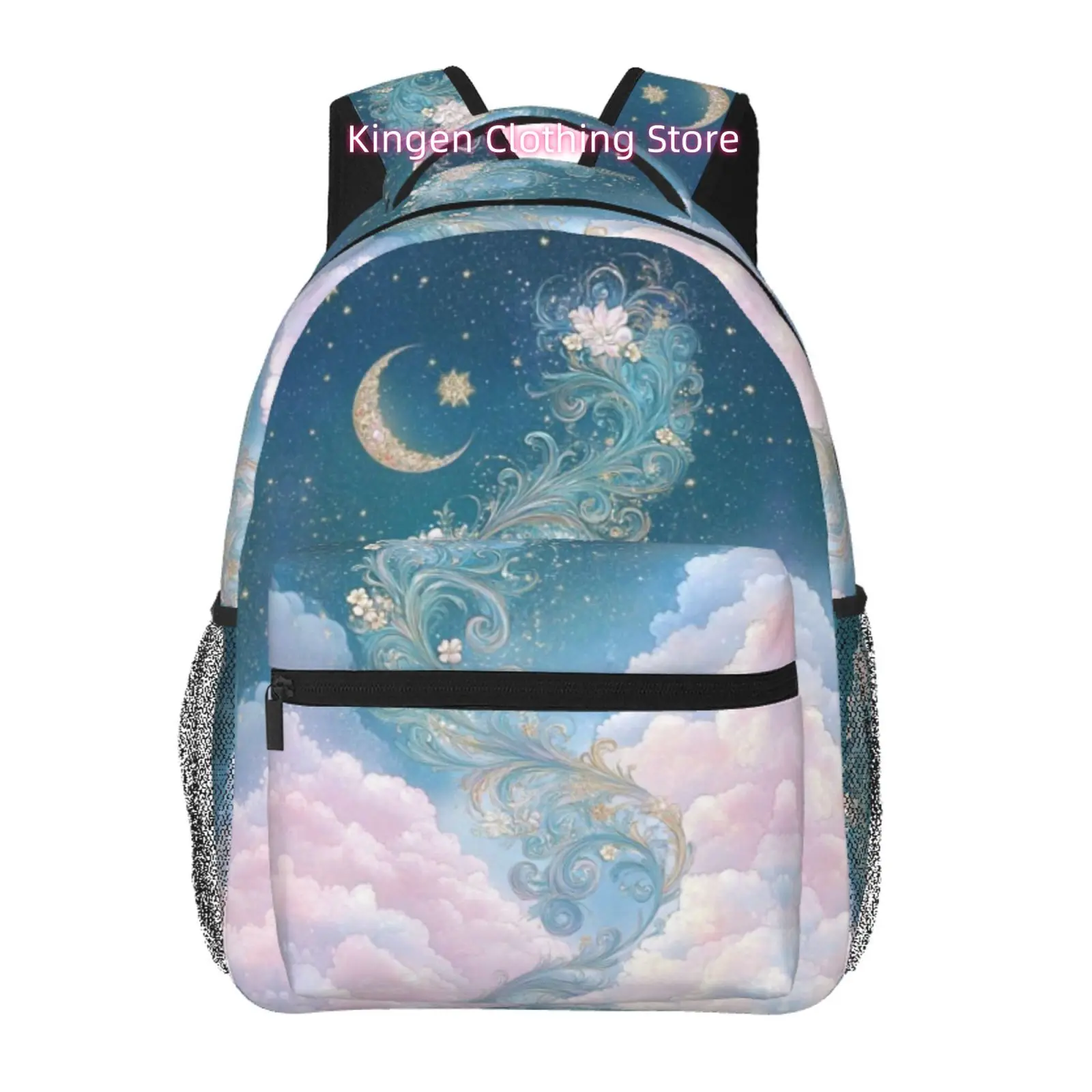 Teal Crescent Moon Swirl Floral Pink Cloud Starry Dreamy Magical Print Backpack, Oxford Cloth Adjustable Strap Casual Daypack, f