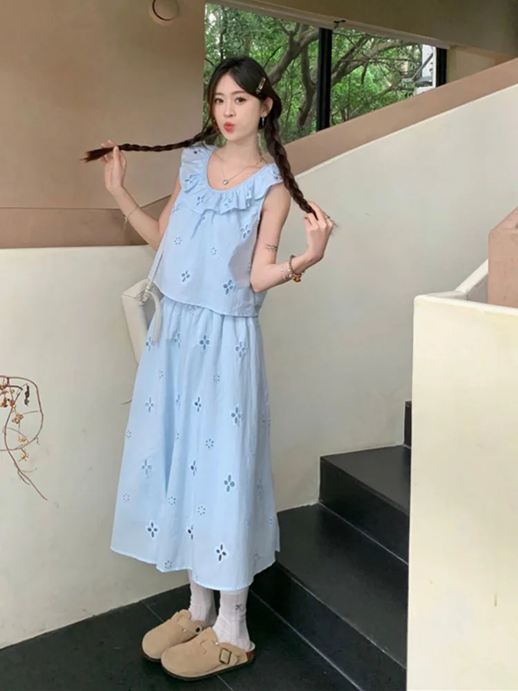 

Sweet Hot Girl Suit for Women's Summer Casual Ruffled Collar Short Top Hollowed Out Umbrella Skirt Two-piece Set Female Clothes