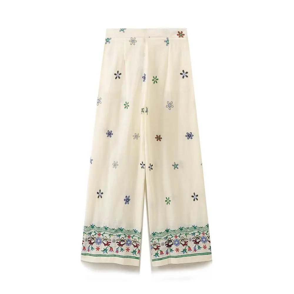 

Maxdutti Bohemian Retro Floral Embroidered Straight Leg Pants Women French Countryside Style Cotton Casual Pants Summer