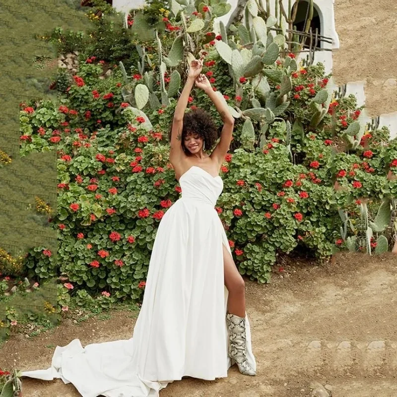 Robe de Mariée en Satin Blanc avec lèvent et Traîne Plissée, Ligne A, Fente Haute, 2024