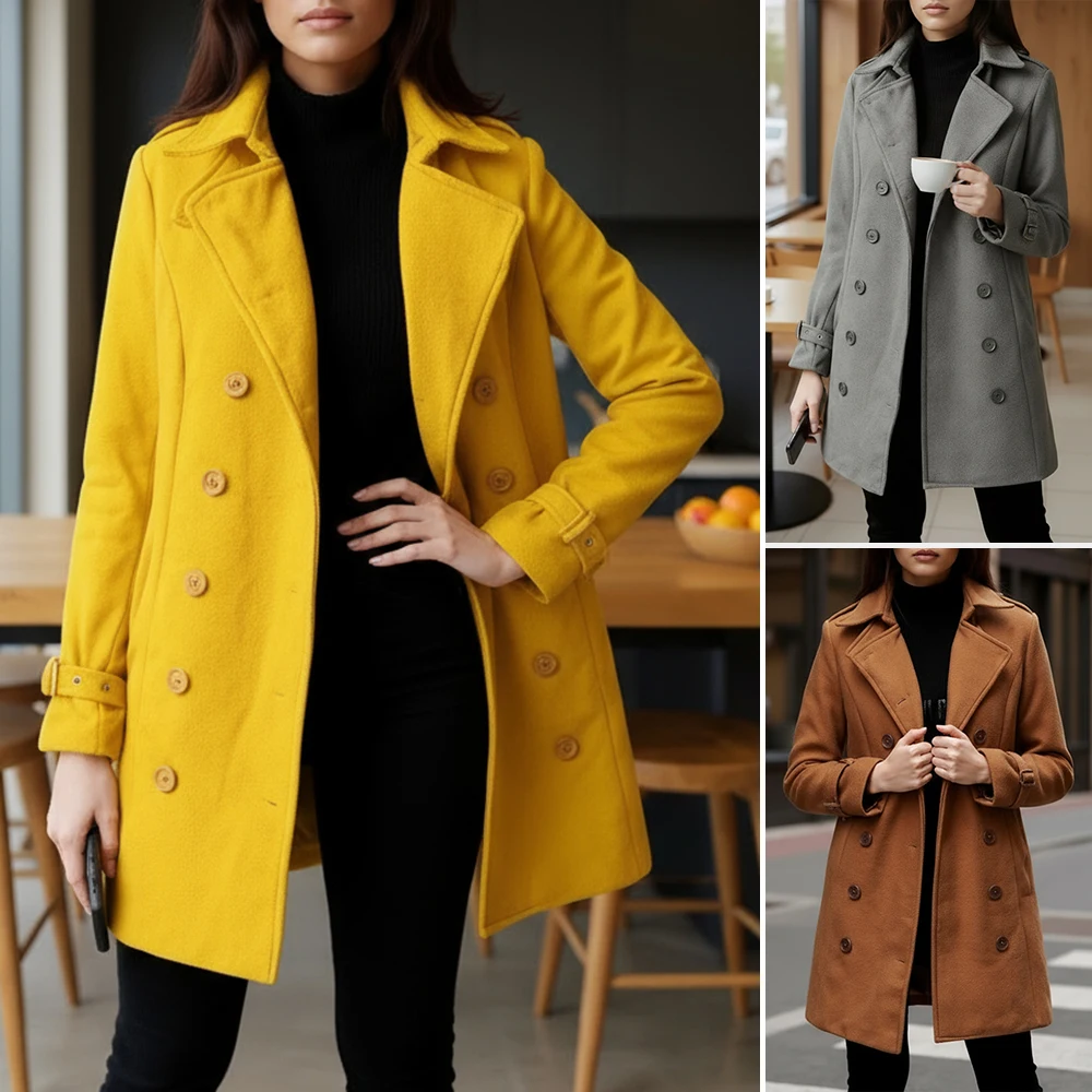 

Женские куртки на подкладке, двубортное женское свободное пальто, элегантное однотонное пальто с карманами и лацканами на осень-весну