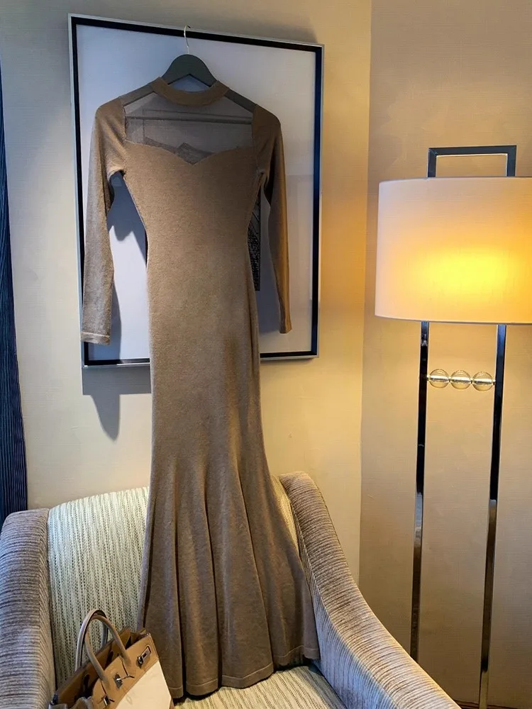 REDDACHiC الدانتيل شير الصوفية فستان منسوج كم طويل الياقة المدورة مفتوحة الظهر Bodycon حورية البحر ماكسي فستان طويل مثير الخريف ملابس امرأة