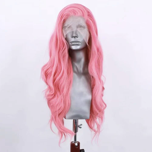 Imagen 2 del producto Peluca de encaje Frontal sintético, peluca de encaje ondulado para mujer, peluca rosa, pelo resistente al calor, peluca ondulada larga, rosa Pastel, uso diario, Cosplay