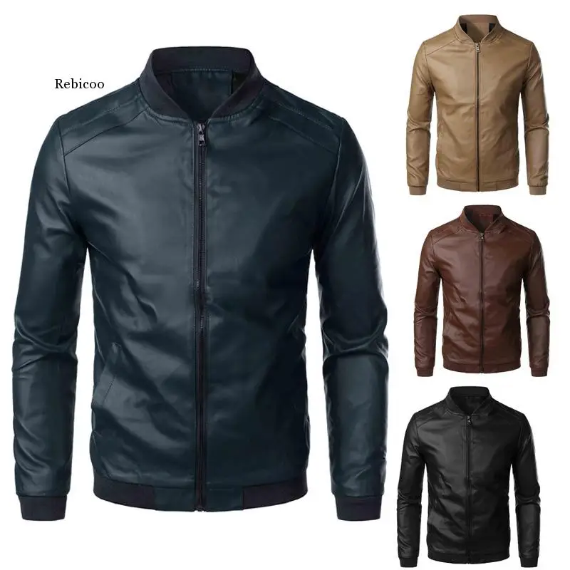 

Men's spring and autumn leather jacket fashion trend locomotive Korean slim fit PU leather stand collar coat men's wear