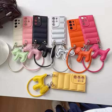 Cute Cartoon Dog Down Jacket Lanyard Case for Samsung Galaxy S23 S24 S25 Ultra S22 S21 Plus FE A56 A55 A54 A16 Wrist Strap Cover
