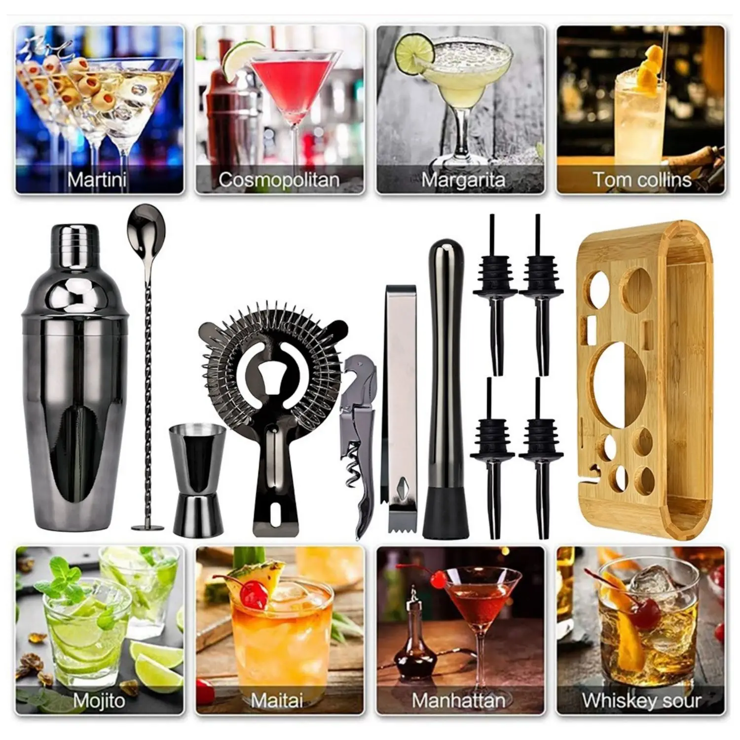 12PCS Bar Tool Set With Stylish Bamboo Stand Stainless Steel Cocktail Shaker Set Professional Bartending Kit for Home Party
