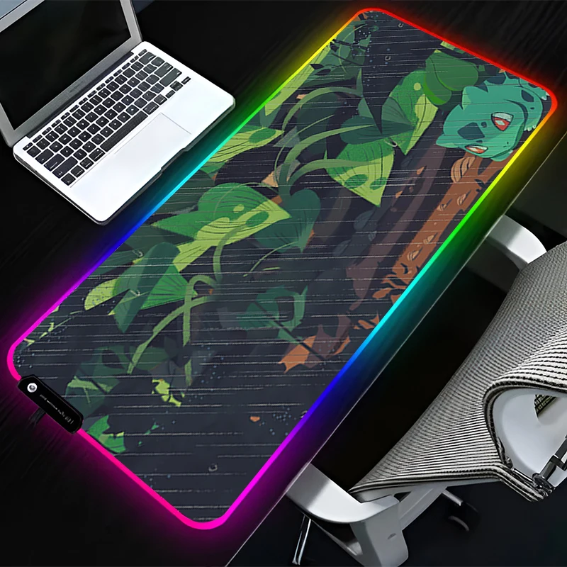 RGB LED Mouse Pad Rubber Mousepad Computer Gaming Accessories Keyboard Pad Office Decoracion Desk P-pokemon Bulbasaur Mouse Mat