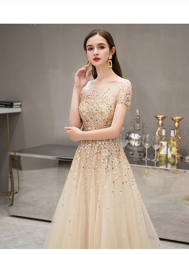 Champagne evening dress sequined prom dress beaded banquet wedding dress formal host party dress customization