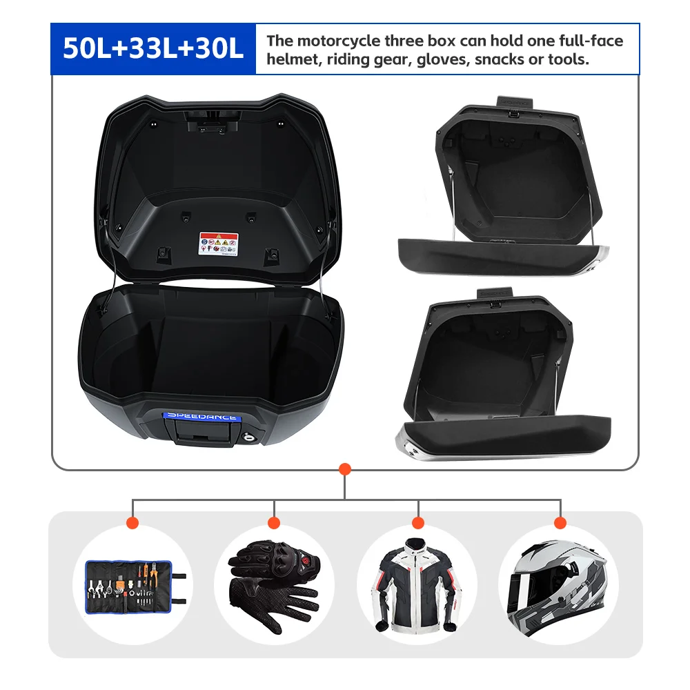 Speedance XL750  50L top box, 33L left side box, 26L right side box. Damage-free installation, quick mount & dismount des