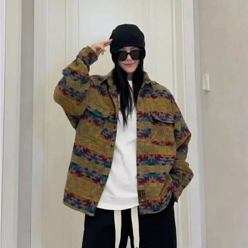 

Retro Thiened Wool Floral Men's irt Oversize Workwear Outerwear Trendy Couple's irt Youthful Autumn Long Sve Stan...