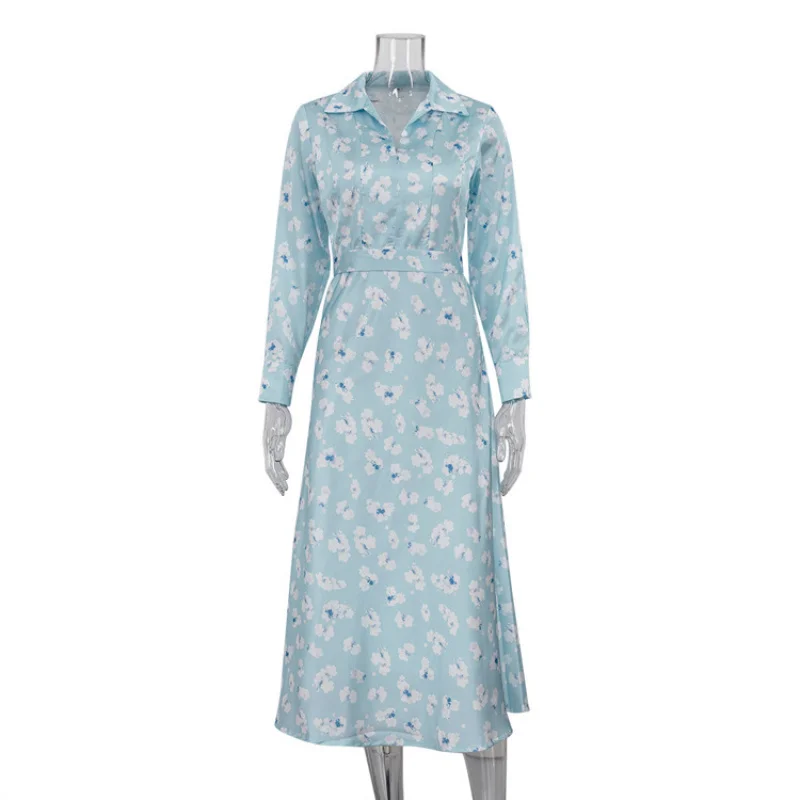 フランス風レディースファッション エレガントな花柄サテンロングドレス2025新作 高級感のある襟付き長袖ハイウエストドレス