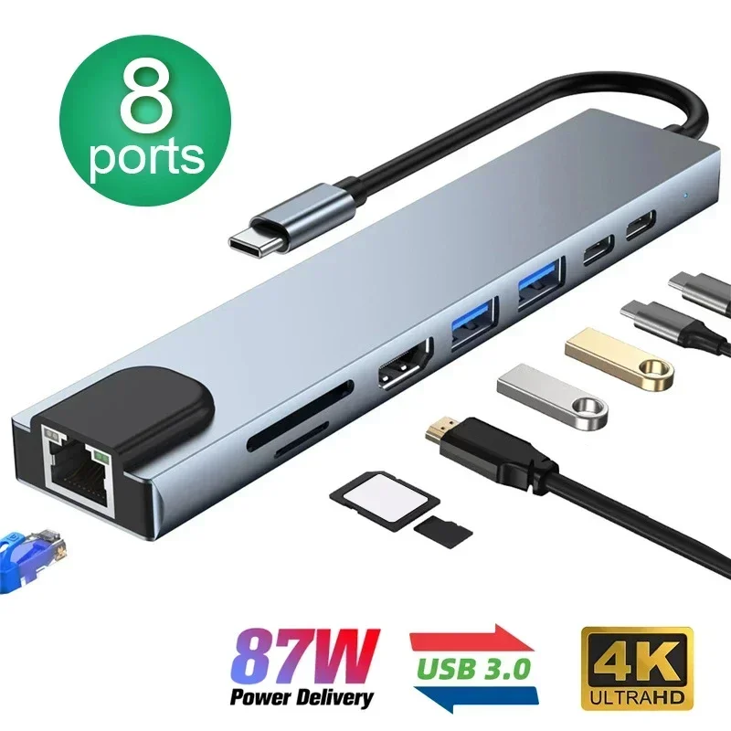 8in1 نوع C Hub USB C 8 في 1 USB3.1 إلى 4K HDMI محول متوافق مع RJ45 SD/TF قارئ بطاقات PD شحن سريع للكمبيوتر المحمول