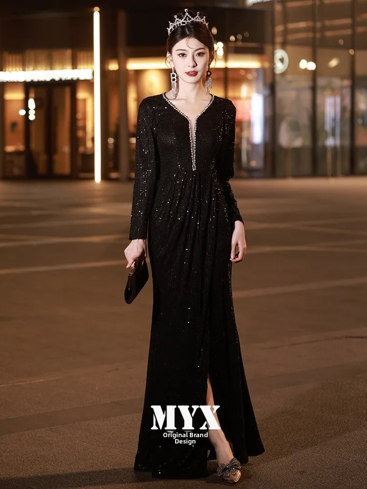 

Ele Bla Long Sve Women's Dr Glittering Sequins High-End Feeling Ball Gown for Year-End Par And Wedding Events