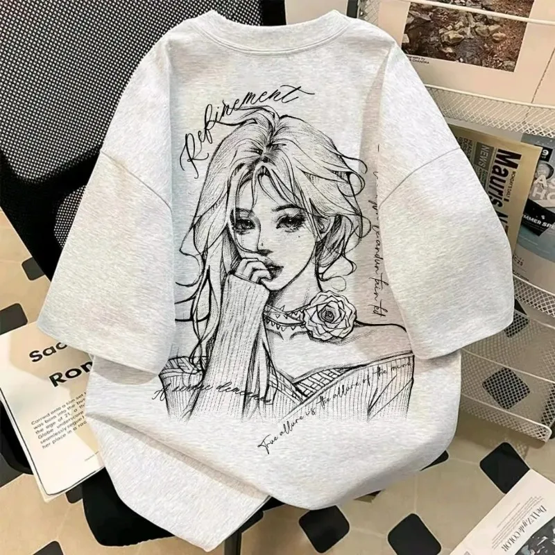 Cotton Heavyweight Short Sleeved Hand Drawn Cartoon Top T-shirt Loose Summer Round Neck New Trendy