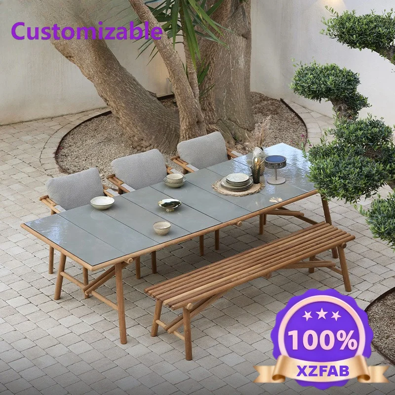 Factory Direct 2026 Nordic outdoor table and chair combination aluminum alloy teak longtable courtyard balcony terrace garden