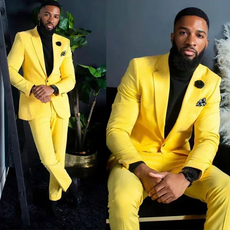 

Yellow Men Suits Slim Fit For Wedding Prom Party Wear 2 Pieces Groom Tuxedo African Fashion Single Breasted Jacket With Pants
