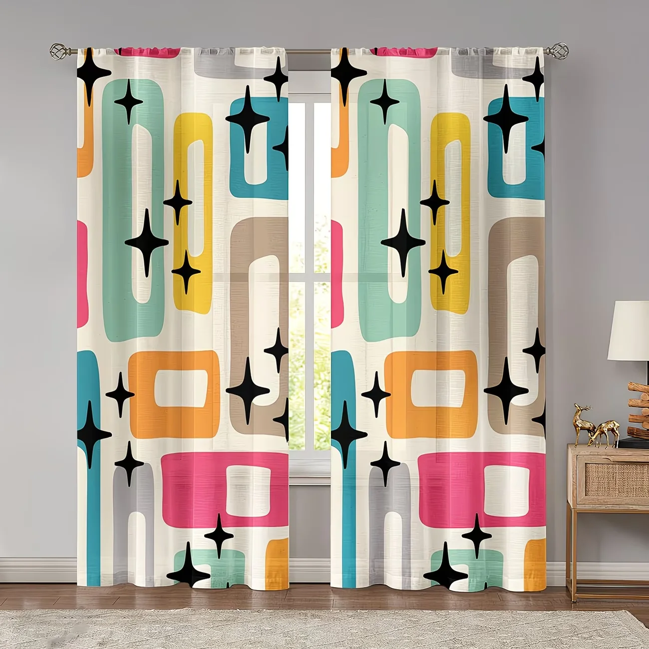 

2Pcs Curtain Medieval-Style Color-Block Pattern Window Drapes for Bedroom Living Room Decoration Window Treatment.