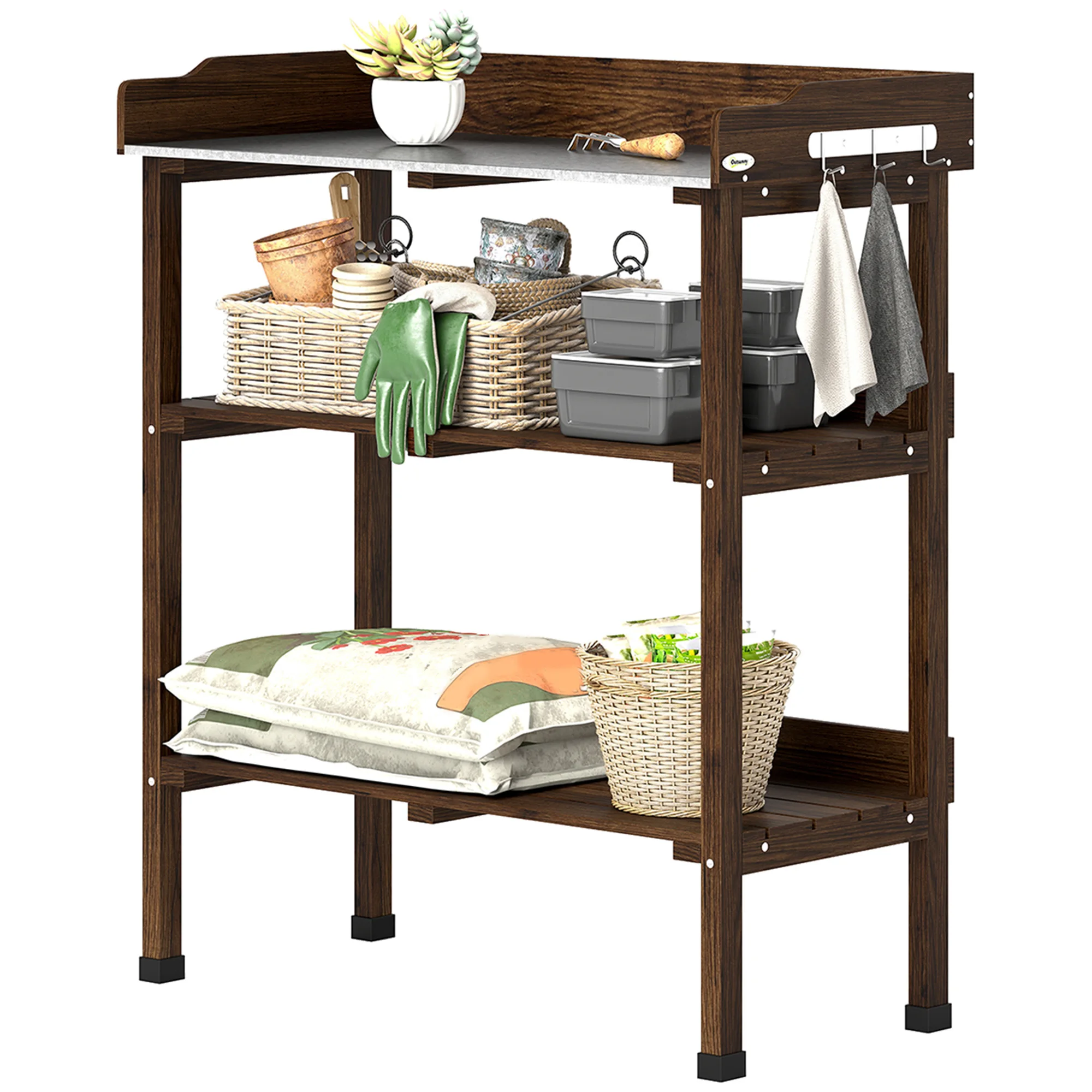 Outsunny houten plantatietafel met metalen plaat en 2 gecarboniseerde planken