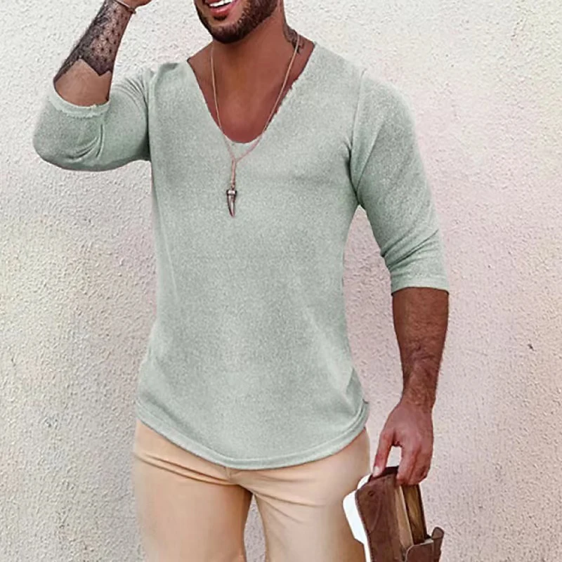 Mens Solid Color V Neck Long Sleeve Knitted Pullover Spring Summer Thin Slim Fit Soft Sweater Casual Men Streetwear Clothes Tops