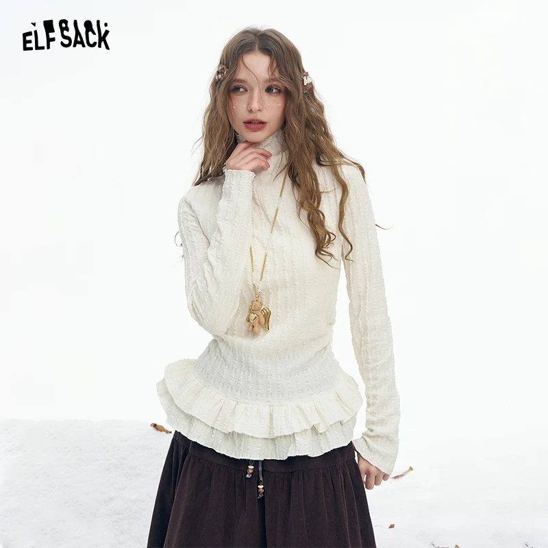 

ELFSACK 2025, зимние новые поступления, элегантная утягивающая однотонная рубашка с рюшами и высоким воротом и длинными рукавами для женщин