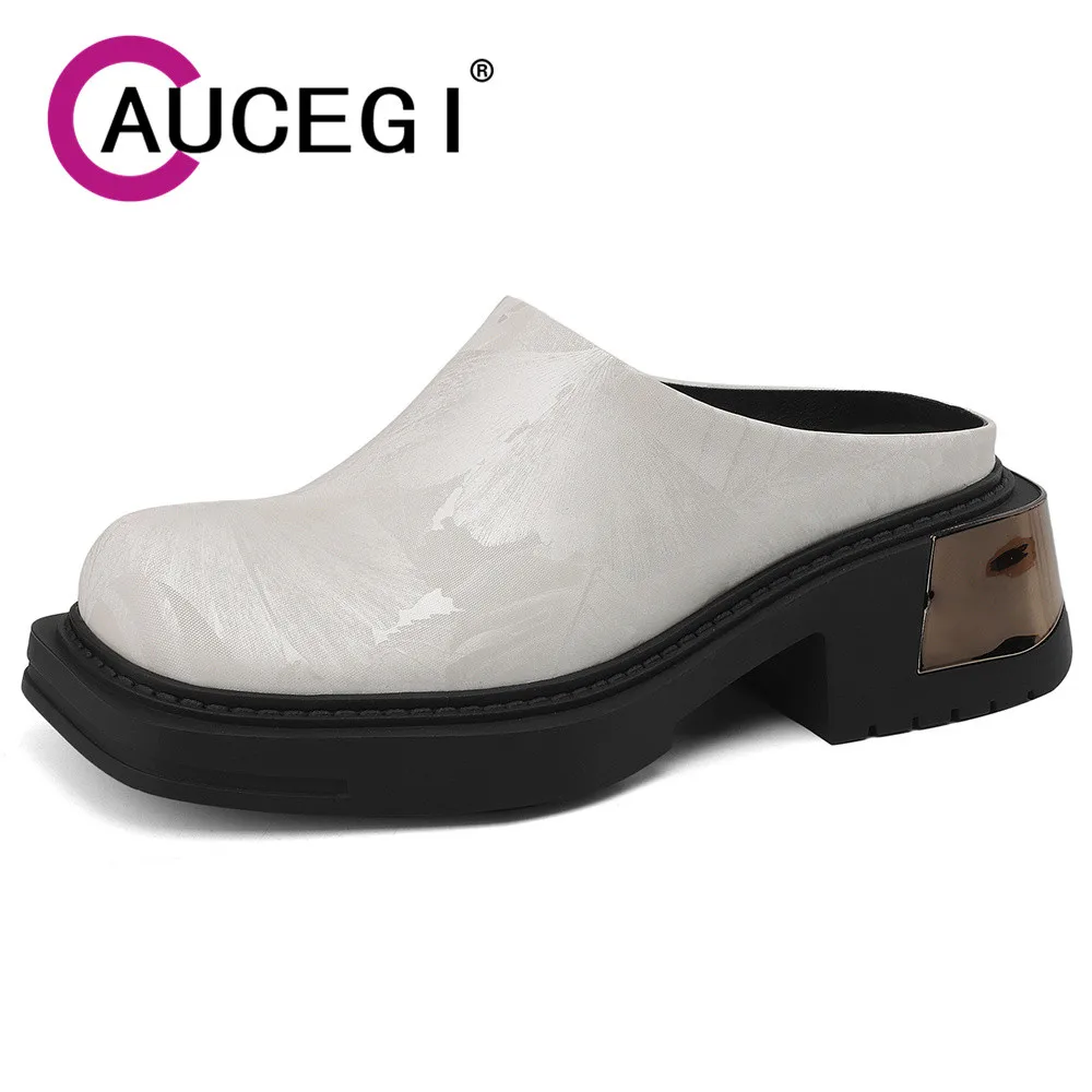 Aucegi Spring Quality Leather Women Mules Slipper Fashion Elegant Slip On Thick Bottom Slides Casual Street Style Dress Shoes