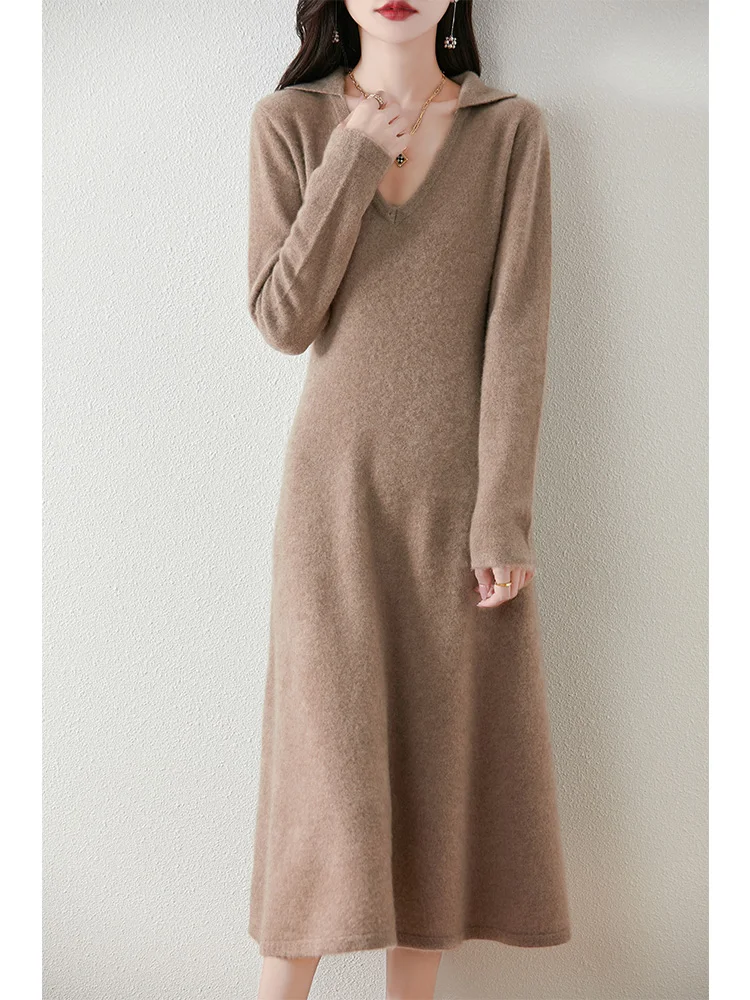 Women's Pure Wool Knitted Long Dress, V-Neck, Lapel, Loose, Striped, Fashionable, Casual, 2024 Autumn/Winter