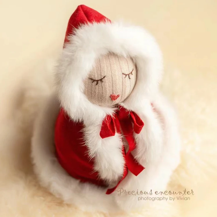 Newborn Photography Props Christmas Red Handmade Knitted Cape with White Furry Hat for Baby Studio Shooting Photoshoot Prop