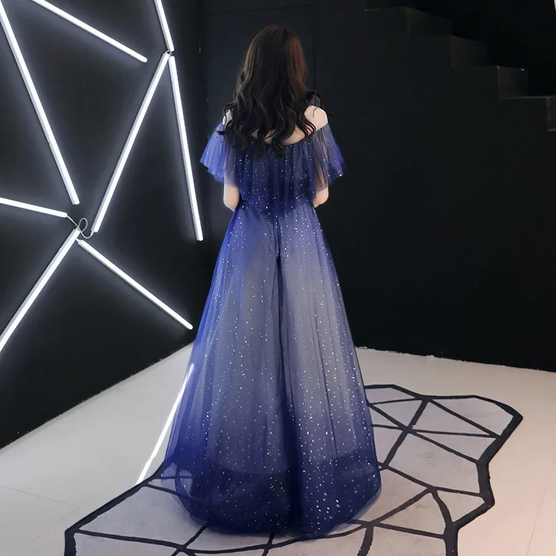 ที่กําหนดเองชุดราตรีน้ําเงินเงา O-คอ Ruffles Robe De Soiree แขนสั้น A-Line PLUS ขนาดผู้หญิงอย่างเป็นทางการ Gowns