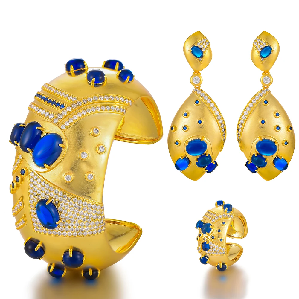 

Missvikki Gorgeous Purple Blue Red Luxury Wide Bangle Earrings Ring Jewelry Set for Women Bridal Wedding Party Show High Quality