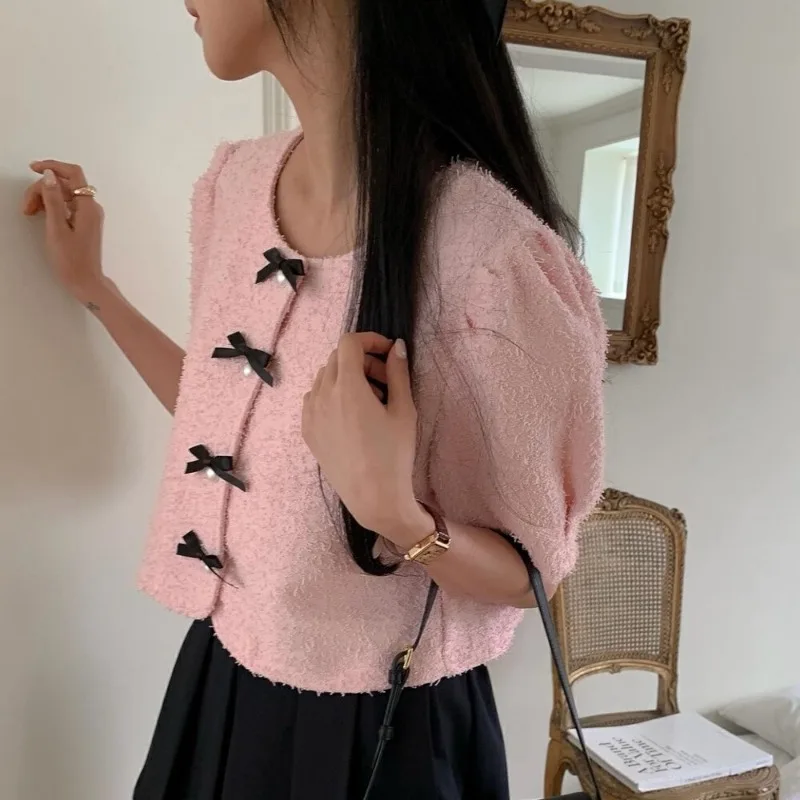 Spliced Bow Ropa Mujer Pearl Single Breasted Chaqueta Mujeres O-neck Jacket Woman Puff Short Sleeve Jackets Sweet Outwears