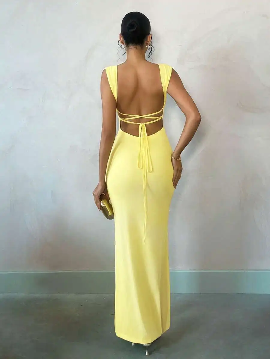 

Summer Seaside Beach Vacation Light Yellow Pastel Macaron Sexy Backless Long Dress, Suitable For Daily Dating,