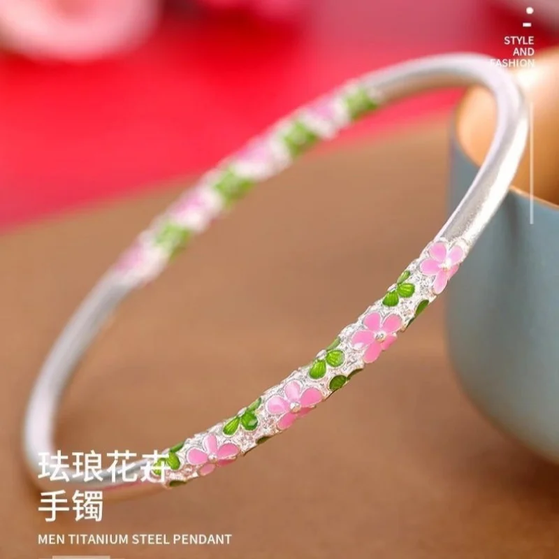 

9999 Plum Blossom Closed Bangle Enamel Color Silver Bracelet