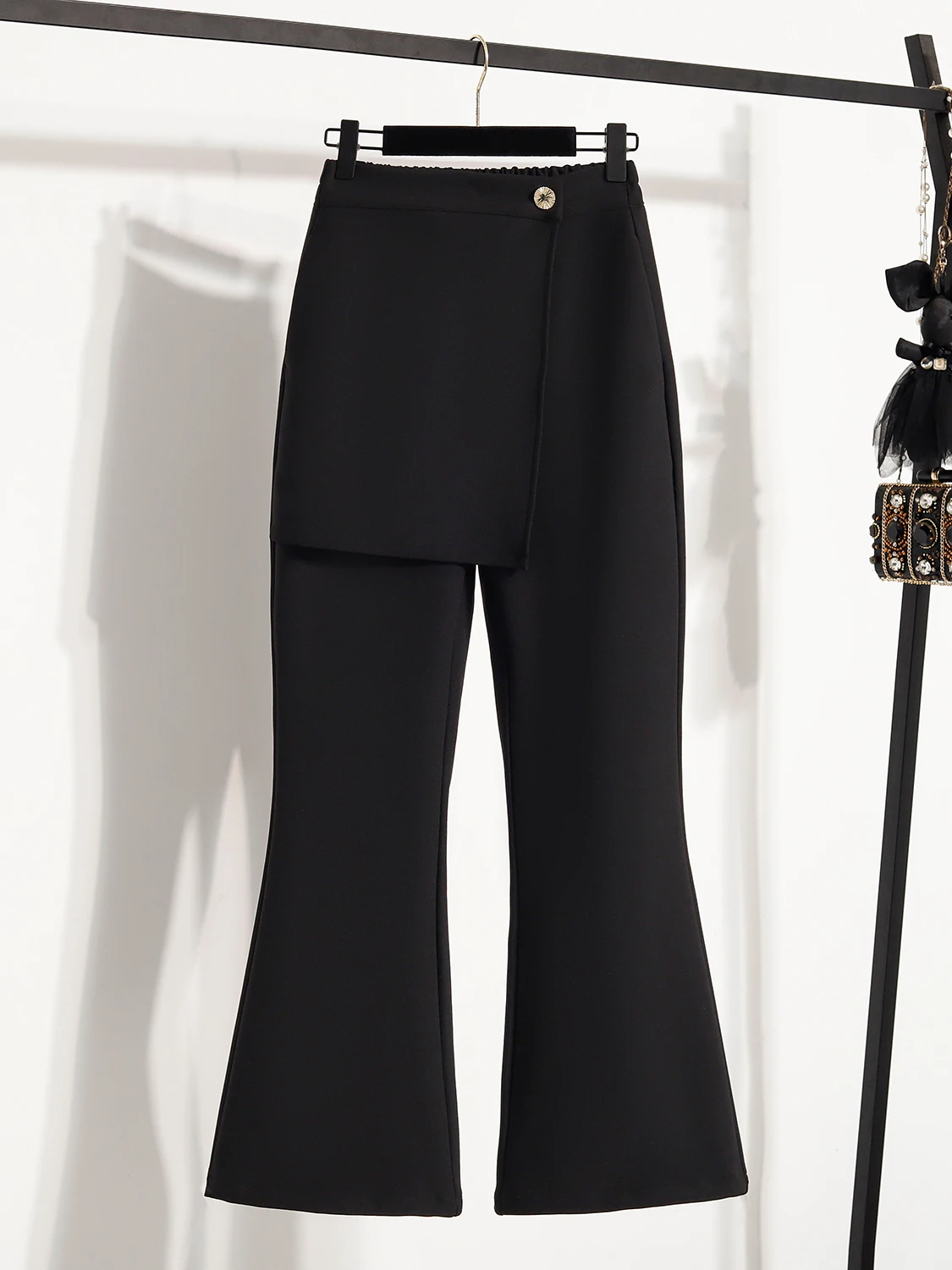 Authentic Fall New plus Size Black Elastic Waist Casual Skirt Pants Women's Pants Flared Legs High Waist Polyester Cotton Blend