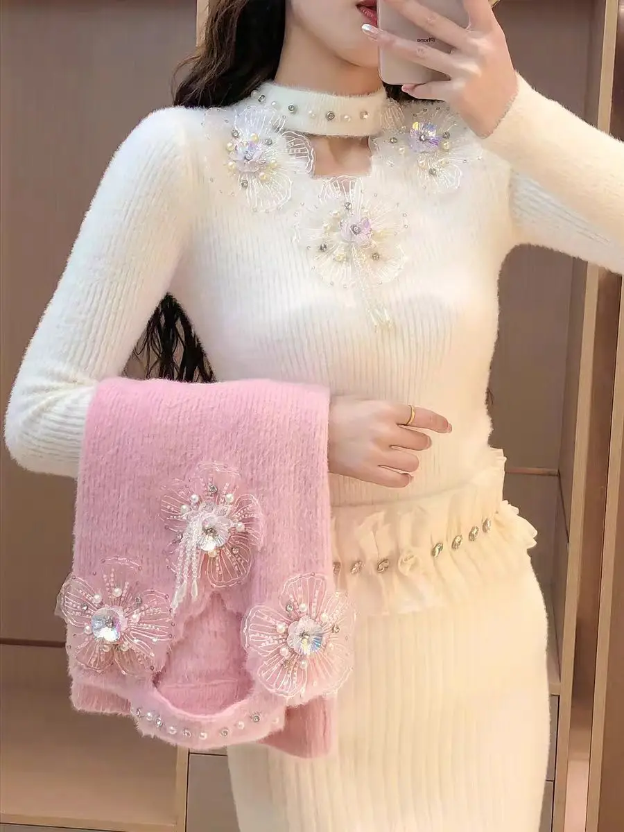 New In Autumn Winter High-end Diamonds 3D Flowers Stitch Sweater Women\'s Knitwear Pullover Knitted Slim Fit Tops Female Clothing