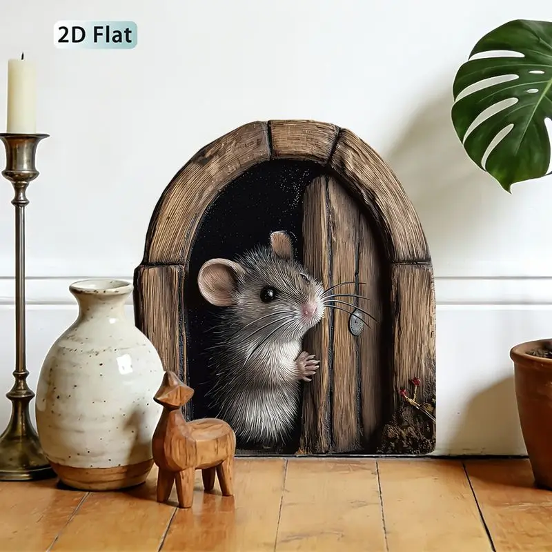 VIKAMA Retro Wooden Door Probe Mouse Wall Sticker, Self-Adhesive Creative 3D Sticker for Living Room Entrance Decor