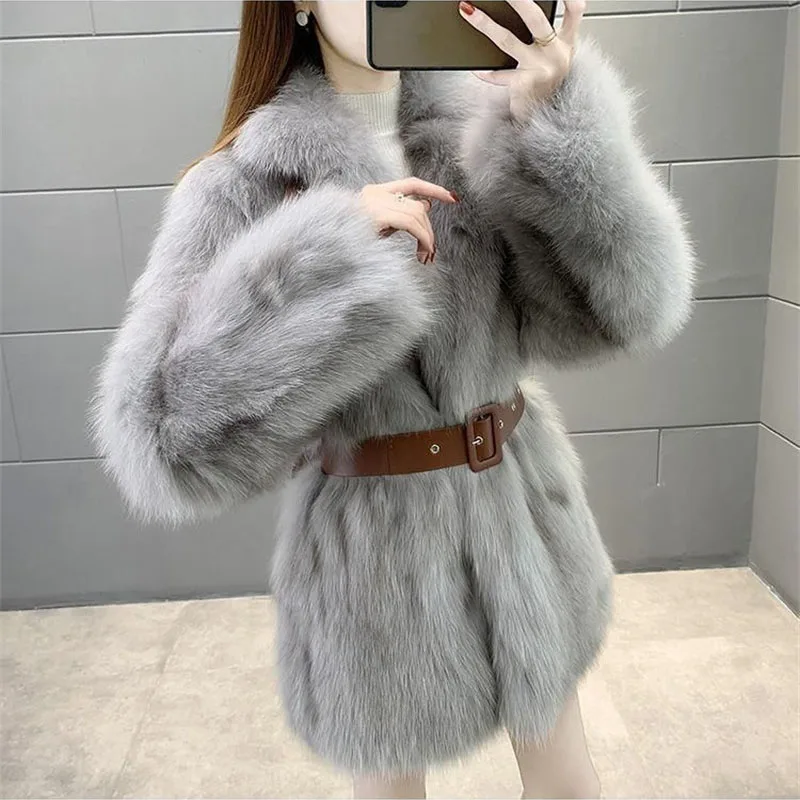 Women Faux fox fur Coat New 2024 Winter Solid Long Sleeve Turn Down Collar Warm Fake Fur Lady Coat Casual Jacket Female Outwear