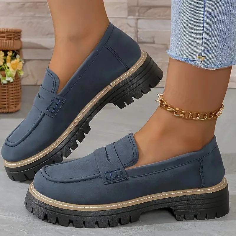 NEUE Damen-Loafer im Retro-Stil für den Herbst, große Größen, mattiert, britischer Stil, dicker Absatz, runde Zehenkappe, Gummisohle, koreanischer Stil, Plateau-Schuhe