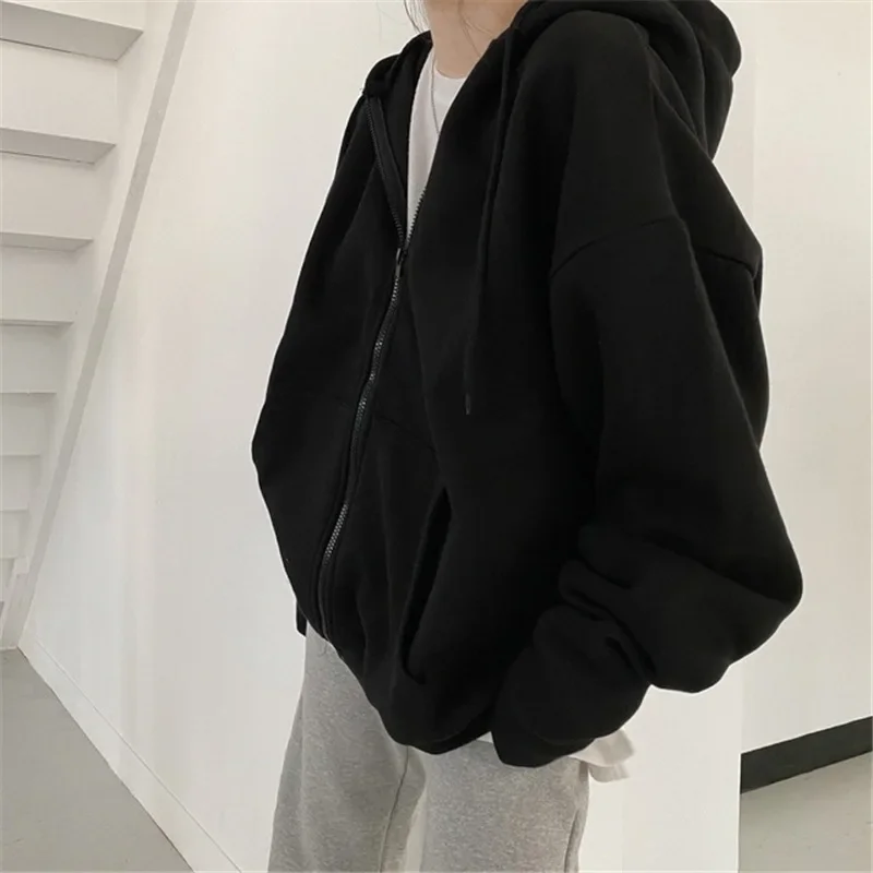 Frauen Solide Hoodies Mantel Harajuku Grundlegende Langarm Frühling Herbst Lose Zip Up Casual Übergroßen Sweatshirts Jacke mit Tasche – Detail 4