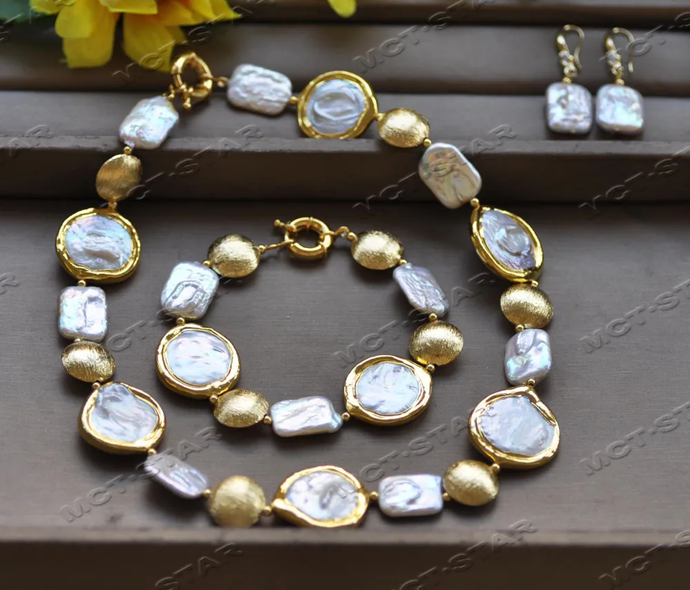 SZ12737 Set 25mm White Coin Gold-Plated Square Coin Pearl Necklace Bracelet Earring