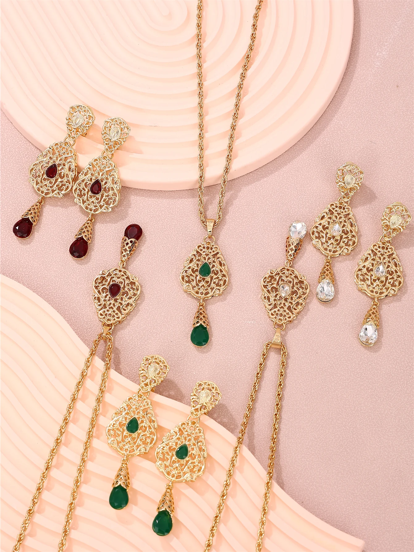 Moroccan Filigree Jewelry Set Water Drop Crystal Pendant Necklace Dangle Earrings Bridal Wedding Party Women Jewellery
