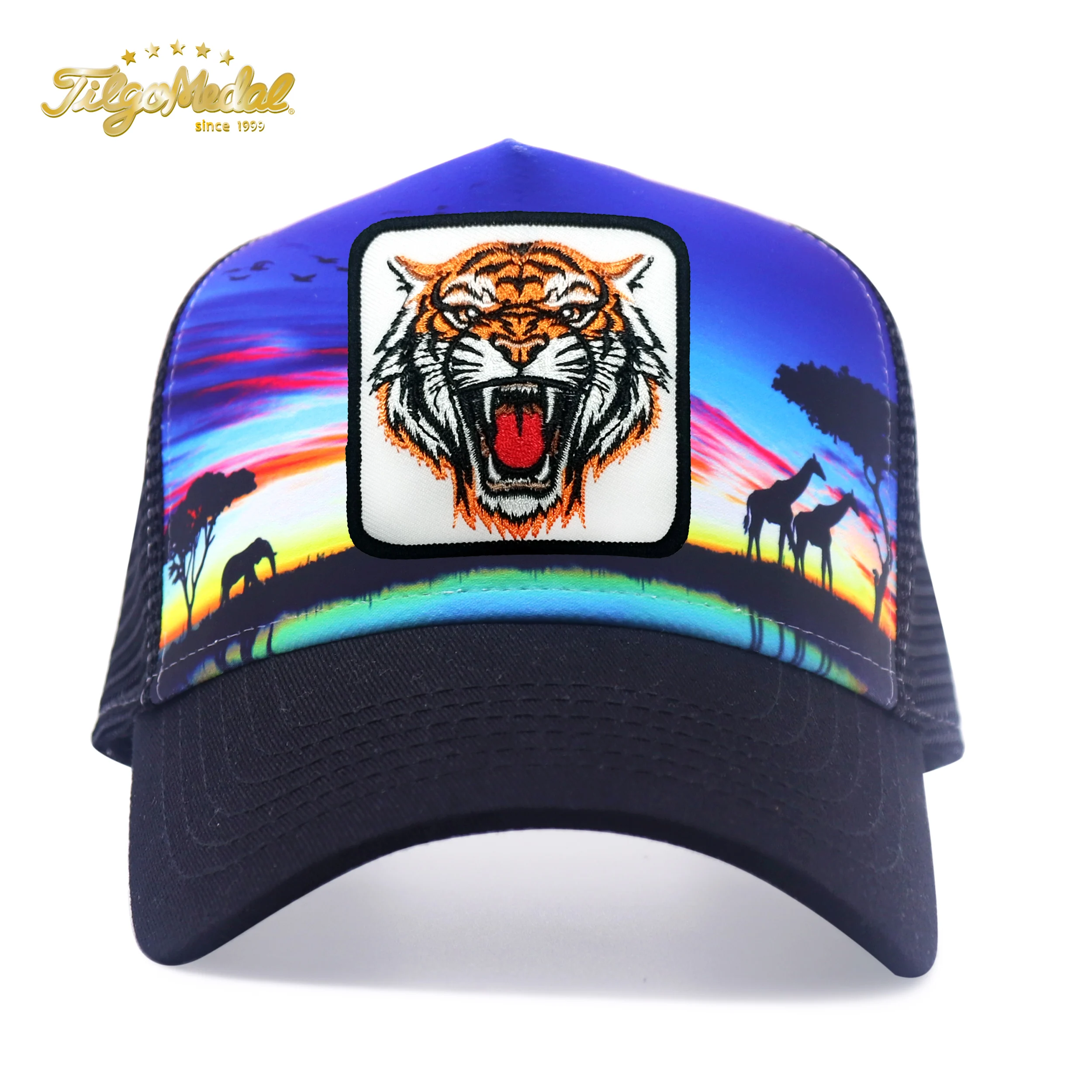 قبعات شبكية لسائقي الشاحنات ، حيوانات المزرعة ، النمر ، شارة التطريز ، قبعات Snapback ، خلفية السافانا الافارقية