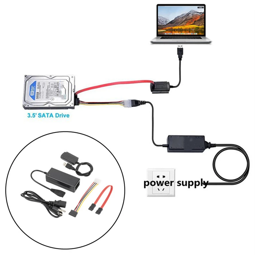 Adaptador de unidad USB 2,0 a SATA PATA IDE de 2,5 "y 3,5", Cable Convertidor para disco duro HDD con adaptador de corriente CA externo EU