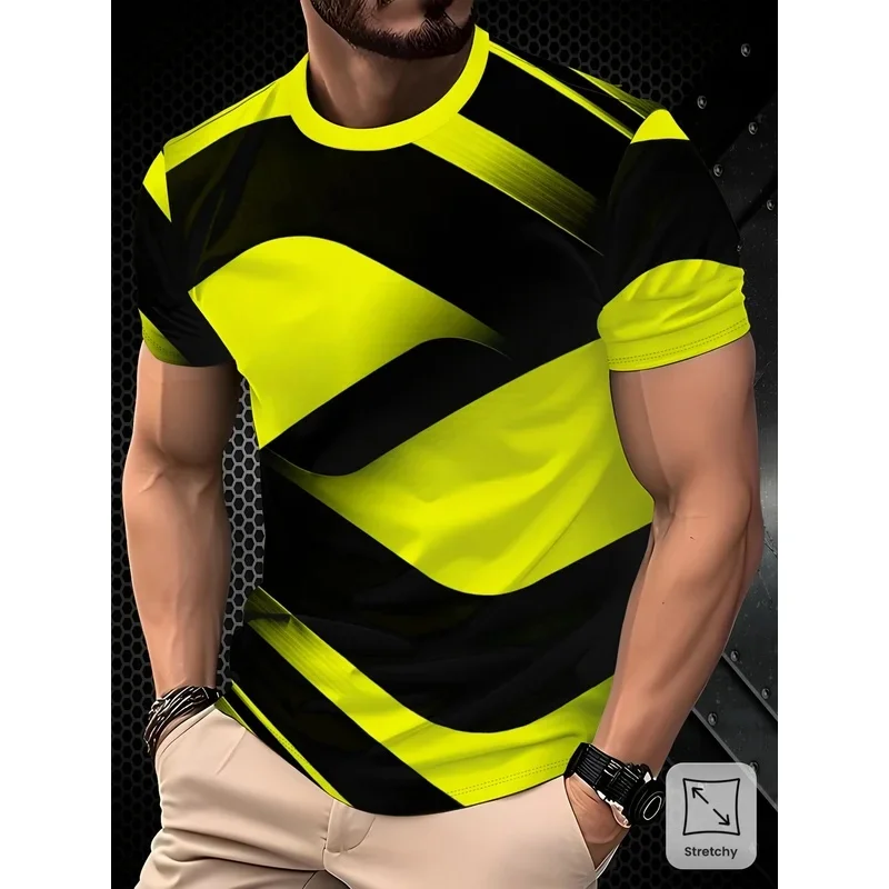 Men's 3D Printed T Shirt Short Sleeve Crew Neck Geometric Striped Casual Summer Streetwear Black Yellow Fluorescent