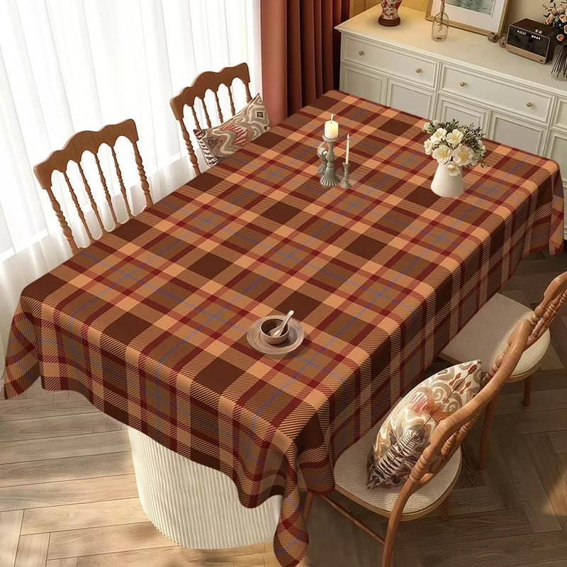 Warm brown checkered tablecloth creates a cozy dining atmosphere
