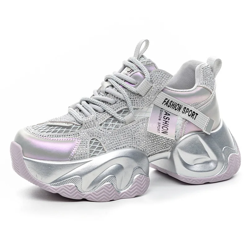 

7cm Silver Women's Height Increasing Sneaker Ladies' Casual Breathable Sport Sneaker Dad's Shoes Comfortable Zapatillas De Mujer