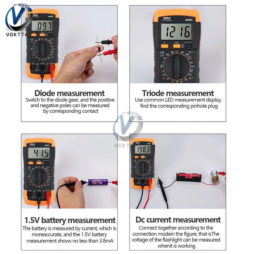 Imagem -06 - Multímetro Digital Medidor de Tensão Inteligente Amperímetro Tester Diodo Frequência Ohm Transistor Capacitância A830l ac dc