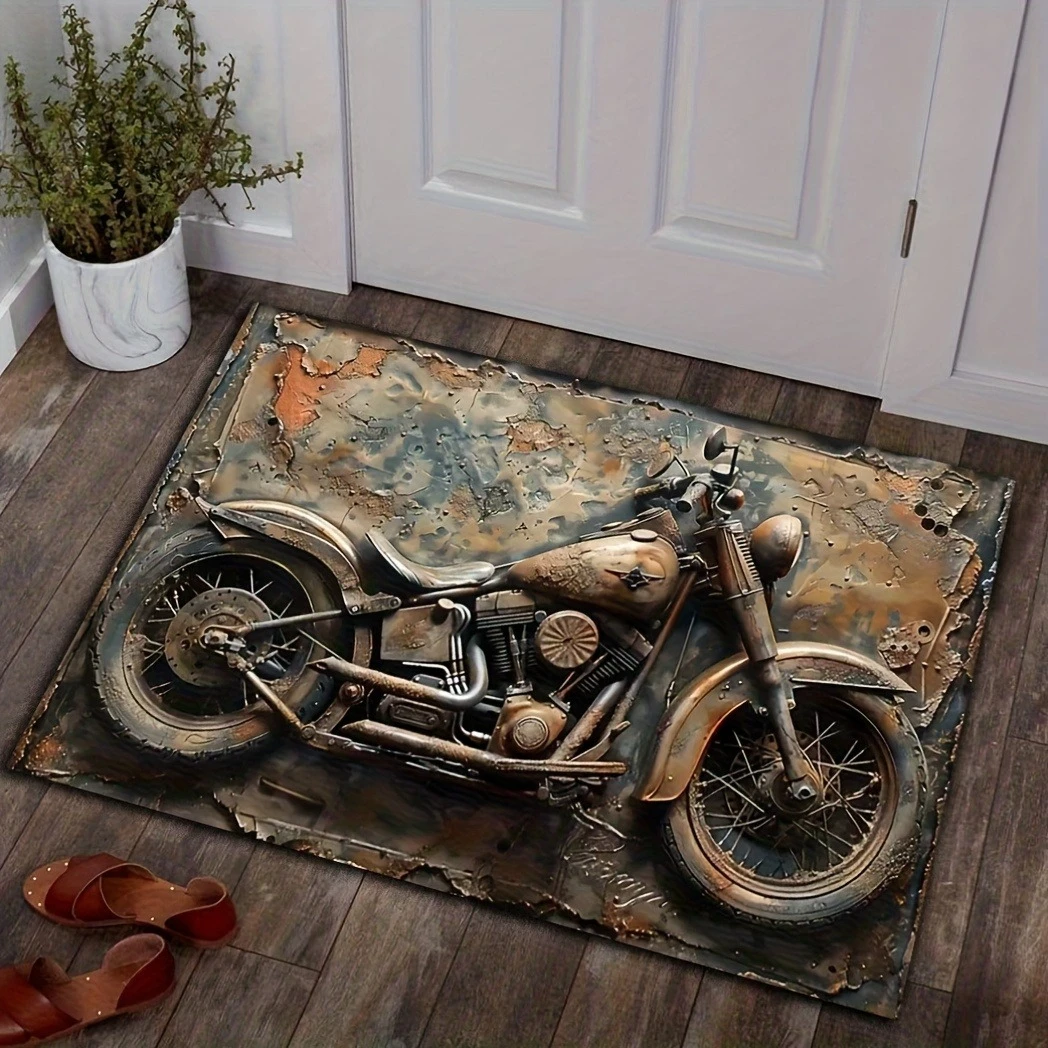 Industrial Style Front Door Mat Worn Rusted Metal Background Vintage Retro Chopper Motorcycle Pattern Garage Man Cave  Doormat